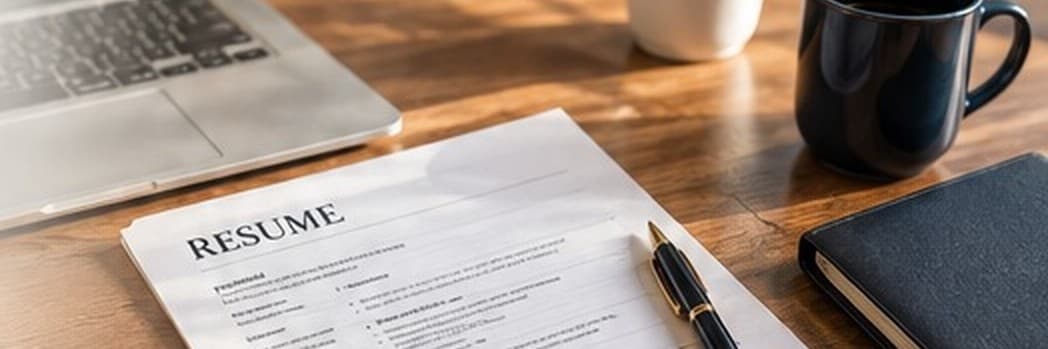 Laptop, printed resume, pen and notebook on a wooden desk