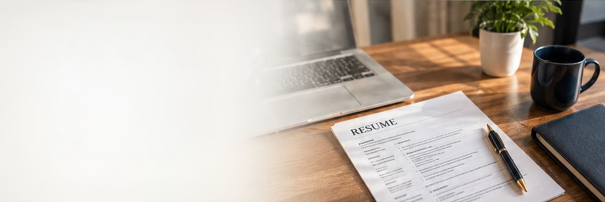 Laptop, printed resume and pen on a wooden desk